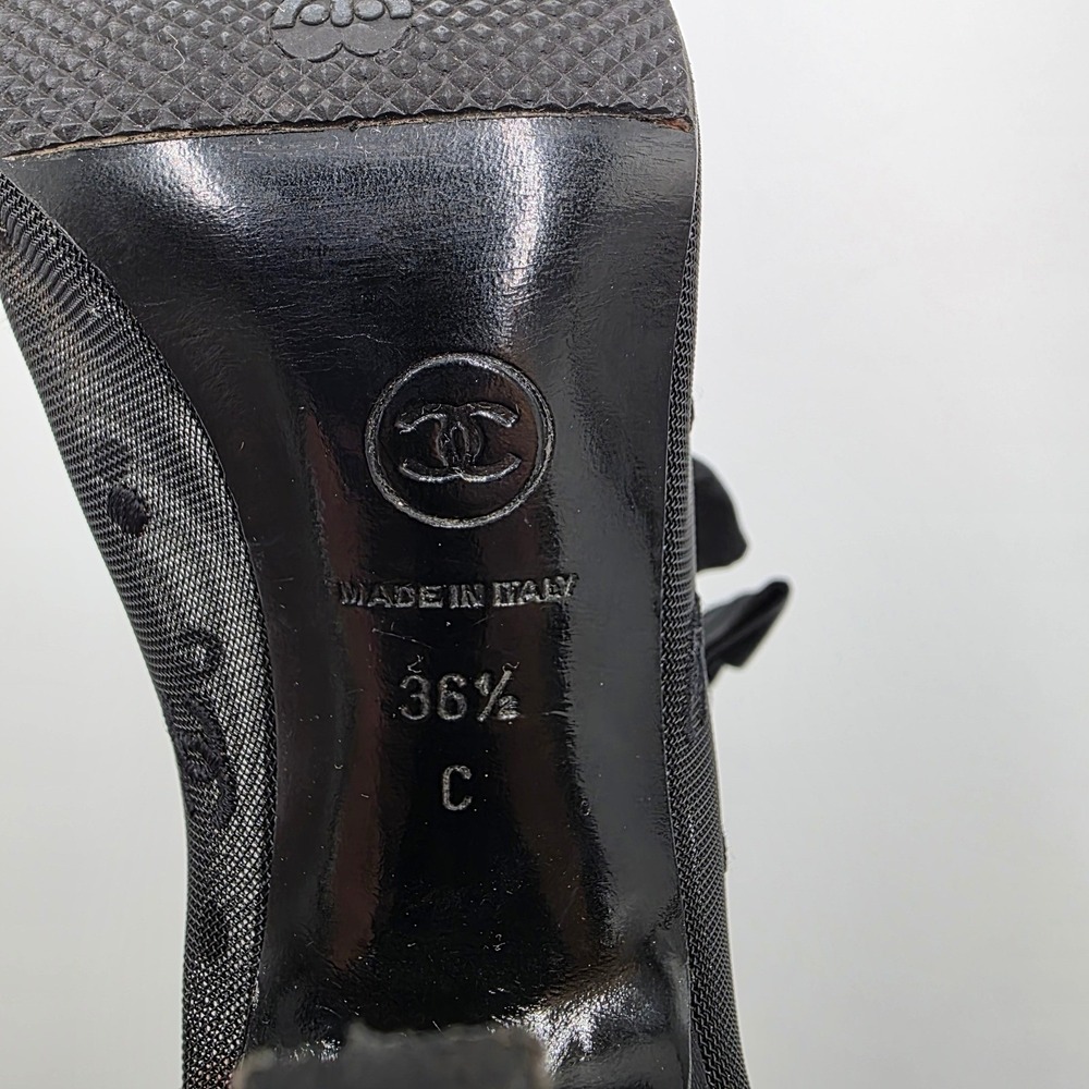 Chanel Black Mesh CC Logo Bow Peep Toe Mid Calf Stiletto Boots 36.5 C Italy - Picture 8 of 10